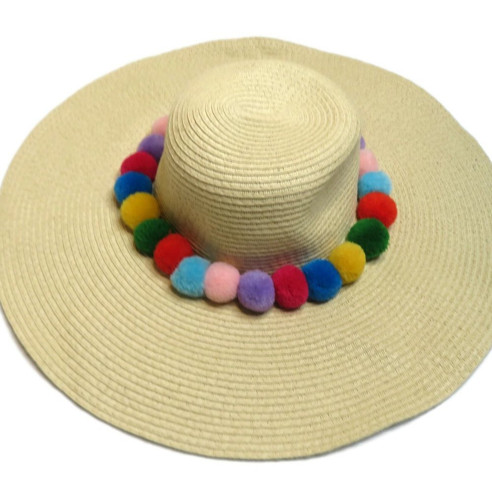 Forever 21 Raffia Sun Hat Paper Vacation Beach Color Puff Balls Wide‎ Brim S / M